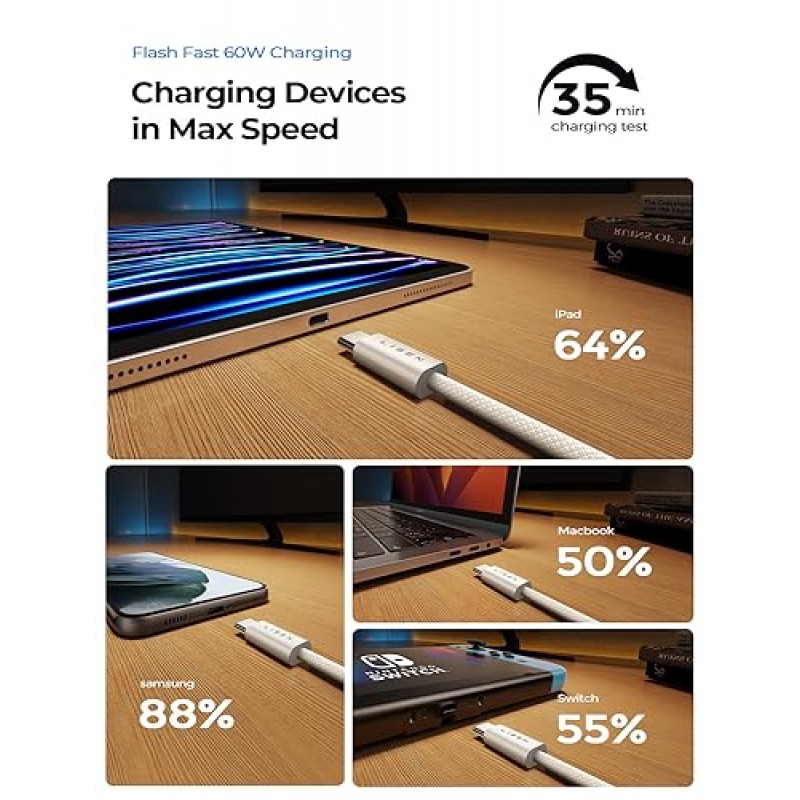 LISEN USB C-USB C 충전기 케이블 60W 3팩 6.6피트 유형 C 충전 케이블 코드 iPhone 15 Pro Max Plus용 USBC-USBC 케이블 고속 충전 Samsung S23 S22 Note 20 Ultra iPad Pro Air Mini MacBook Air