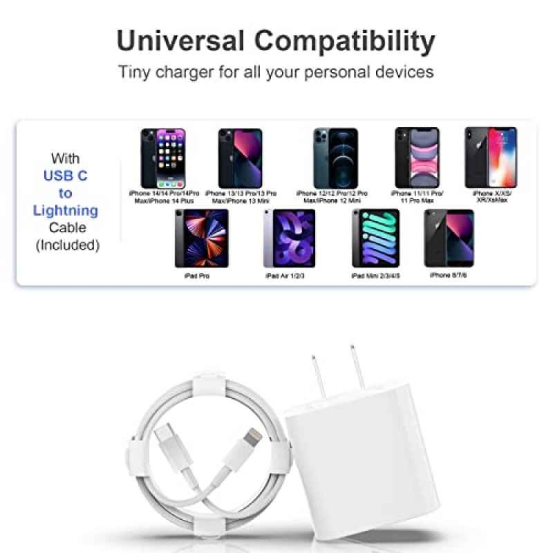 iPhone 충전기 [MFi 인증] 2팩 20W PD USB C 벽면 고속 충전기 어댑터, 2팩 6FT 유형 C-라이트닝 케이블 포함 iPhone 14 13 12 11 Pro Max XR XS X,iPad(보라색+녹색) 호환