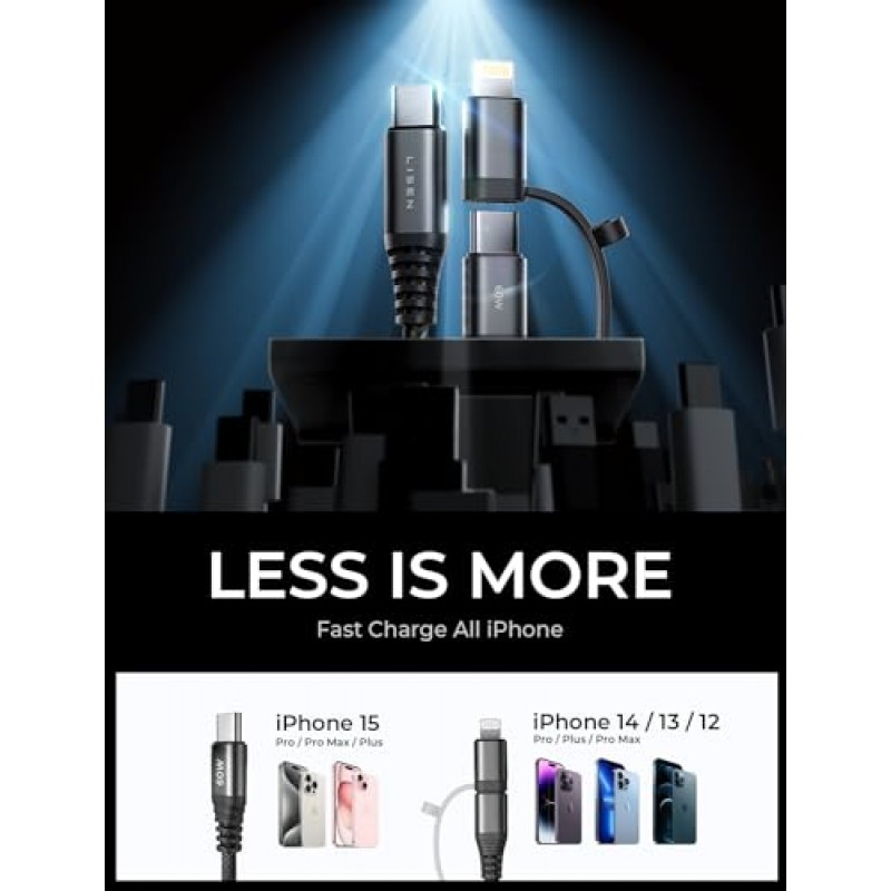 [안전 인증] iPhone 차량용 충전기 고속 충전, LISEN 48W 시거잭 USB 충전기 iPhone 15 Pro Max Plus 14 13 12 Mini용 2-in-1 USB C 및 라이트닝 케이블이 포함된 iPhone USB C 차량용 충전기