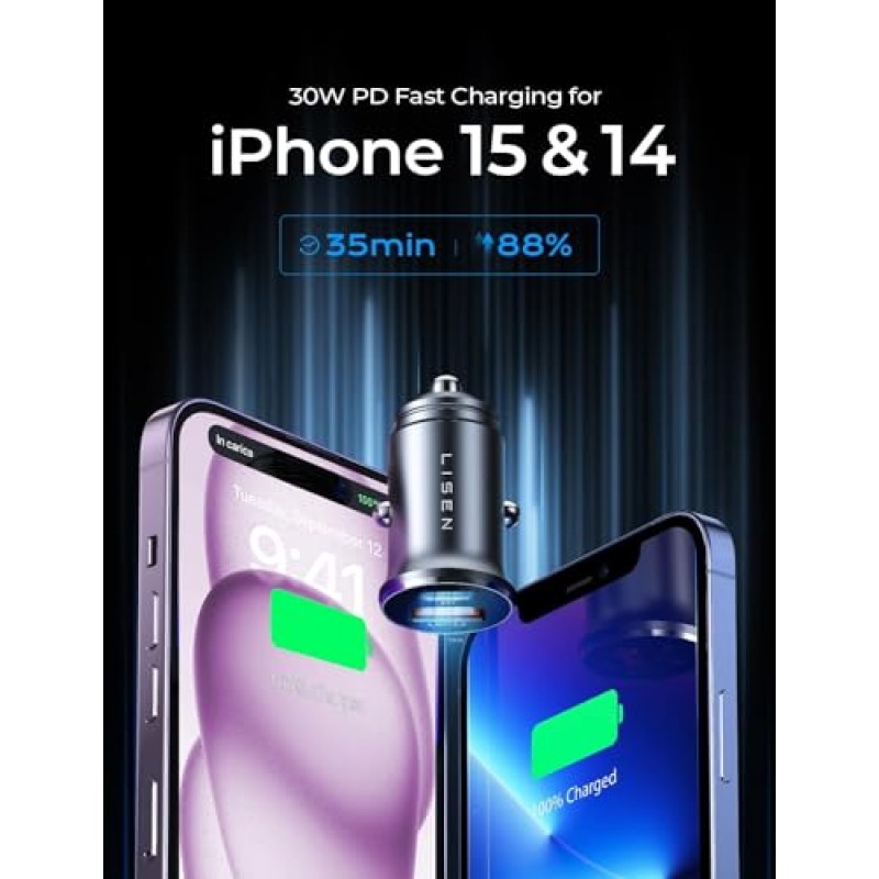 [안전 인증] iPhone 차량용 충전기 고속 충전, LISEN 48W 시거잭 USB 충전기 iPhone 15 Pro Max Plus 14 13 12 Mini용 2-in-1 USB C 및 라이트닝 케이블이 포함된 iPhone USB C 차량용 충전기