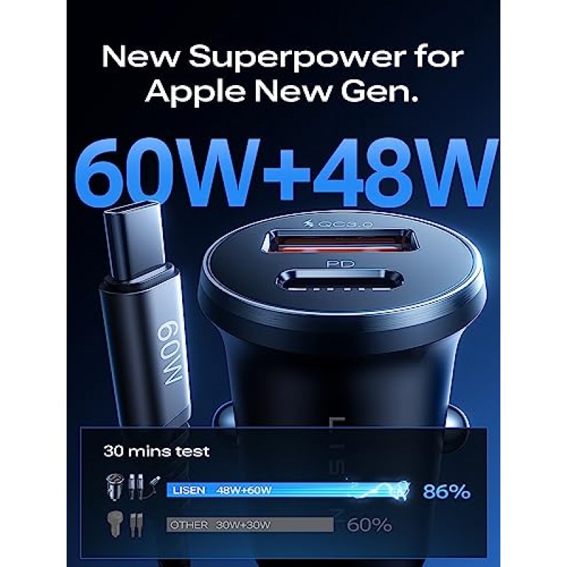 [안전 인증] iPhone 차량용 충전기 고속 충전, LISEN 48W 시거잭 USB 충전기 iPhone 15 Pro Max Plus 14 13 12 Mini용 2-in-1 USB C 및 라이트닝 케이블이 포함된 iPhone USB C 차량용 충전기