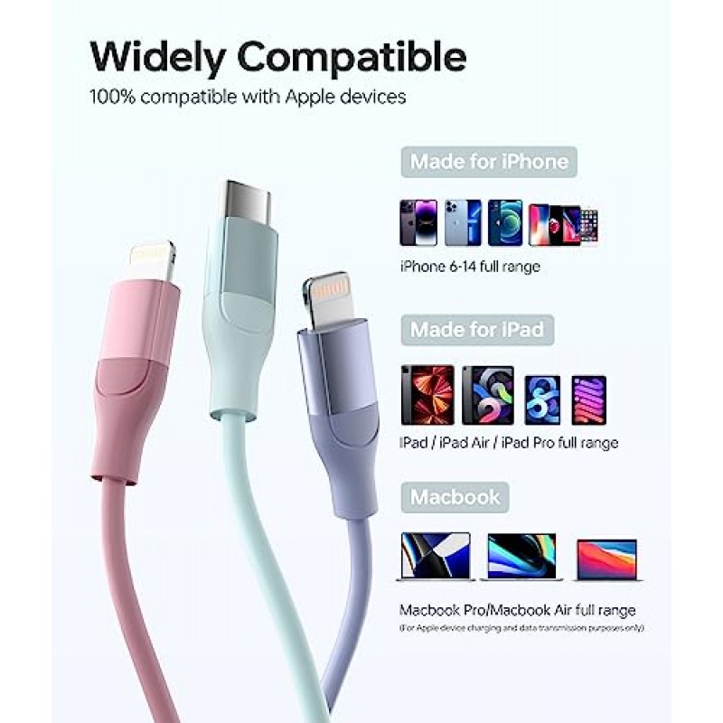 iPhone 충전기 고속 충전, USB C-라이트닝 케이블 3 팩 6 FT [MFi 인증] iPhone 케이블 유형 C-라이트닝 케이블 고속 충전 코드 iPhone 14 13 12 11 Pro Max X Plus 등과 호환 가능