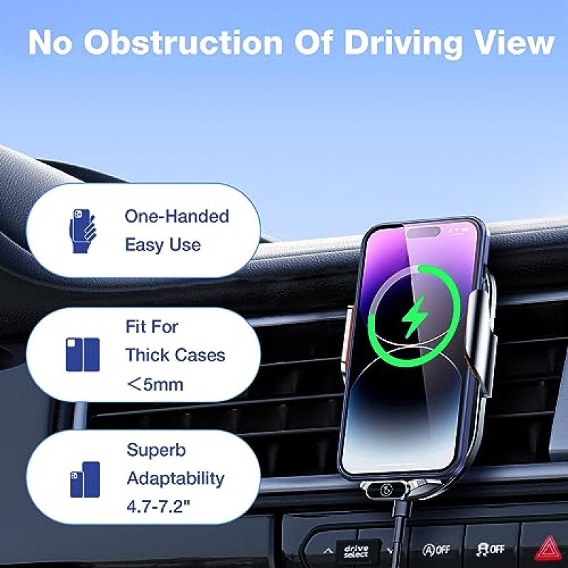 HORHUB 무선 차량용 충전기 휴대폰 홀더, 15W 고속 충전 자동 클램핑 차량용 마운트, iPhone 14/13/12/11/Pro Max, Samsung Galaxy 시리즈용 차량용 에어 벤트 휴대폰 홀더