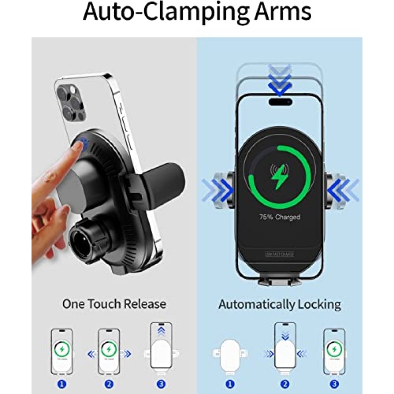 차량용 무선 충전기 - 자동 클램핑 차량용 폰 홀더 마운트 무선 충전 - 대시보드 에어벤트 팝소켓/오터박스/최대 10mm의 두꺼운 케이스와 호환되는 무선 차량용 충전기