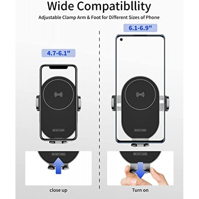 차량용 무선 충전기 - 자동 클램핑 차량용 폰 홀더 마운트 무선 충전 - 대시보드 에어벤트 팝소켓/오터박스/최대 10mm의 두꺼운 케이스와 호환되는 무선 차량용 충전기