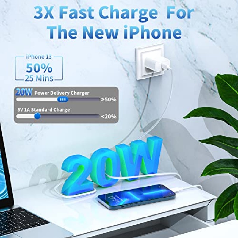 [Apple MFi 인증] iPhone 14 고속 충전기, Assrid 3팩 20W PD USB-C 급속 충전기, 3팩 6FT Type C - Lightning 고속 충전 코드(iPhone 14 13 12 11 Pro Max/XS/X SE/iPad/AirPods용) 포함