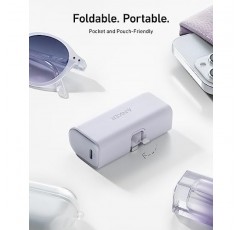 라이트닝 커넥터가 내장된 Anker 휴대용 충전기, 휴대용 충전기 5,000mAh MFi 인증 12W, iPhone 14/14 Pro / 14 Plus / 14 Pro Max, iPhone 13 및 17 시리즈(보라색)와 호환 가능