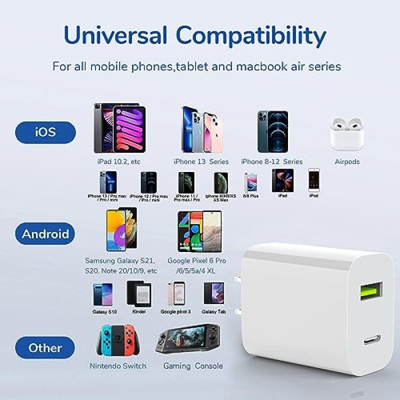 [4팩] USB C 고속 벽면 충전기 블록, 20W 듀얼 포트 QC+PD 3.0 전원 어댑터, iPhone11/12/13/14/Pro Max, XS/XR/X, iPad Pro, AirPods용 고속 충전 플러그 박스 브릭 큐브 프로, 삼성 갤럭시 등