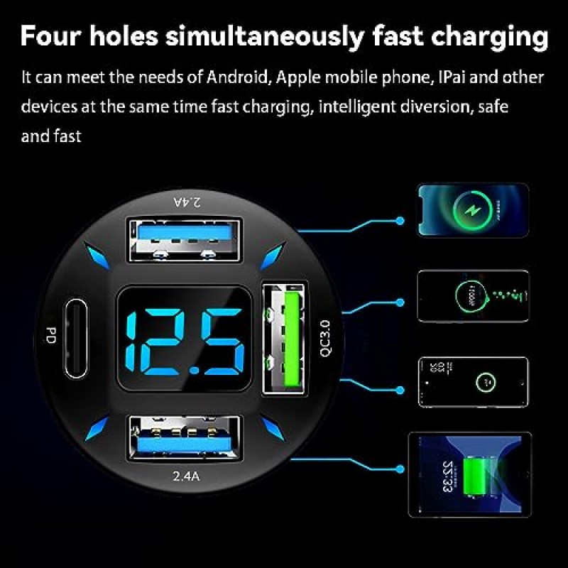 Moioee 4 포트 USB 차량용 충전기, 66W 초고속 충전 USB QC 3.0, 차량용 시가 라이터 플러그용 LED 전압계가 있는 USB 어댑터 충전기, 대부분의 휴대폰과 호환 가능(2, PD+QC3.0+2.4A)