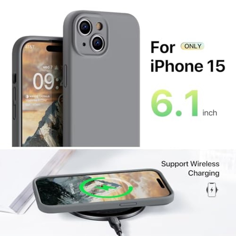 GOODVISH iPhone 15 케이스와 호환 가능, 실리콘 업그레이드 [카메라 보호] 휴대폰 케이스(화면 보호 장치 2개), 내부에 부드러운 긁힘 방지 극세사 안감, 6.1인치, 스페이스 그레이