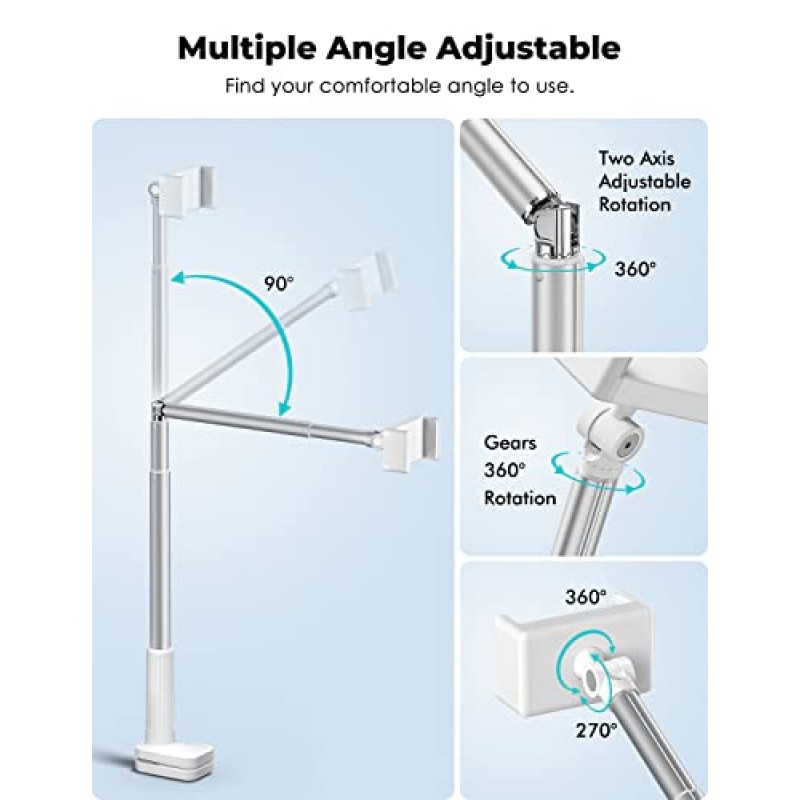 Viozon 휴대폰 홀더, 유연한 긴 팔, 오버헤드 마운트, 360° 각도 조절 가능, 알루미늄 합금, 헤드보드 침대 옆 및 테이블 및 책상용 C 클램프, 3.5