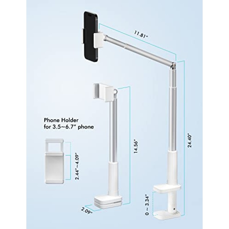 Viozon 휴대폰 홀더, 유연한 긴 팔, 오버헤드 마운트, 360° 각도 조절 가능, 알루미늄 합금, 헤드보드 침대 옆 및 테이블 및 책상용 C 클램프, 3.5