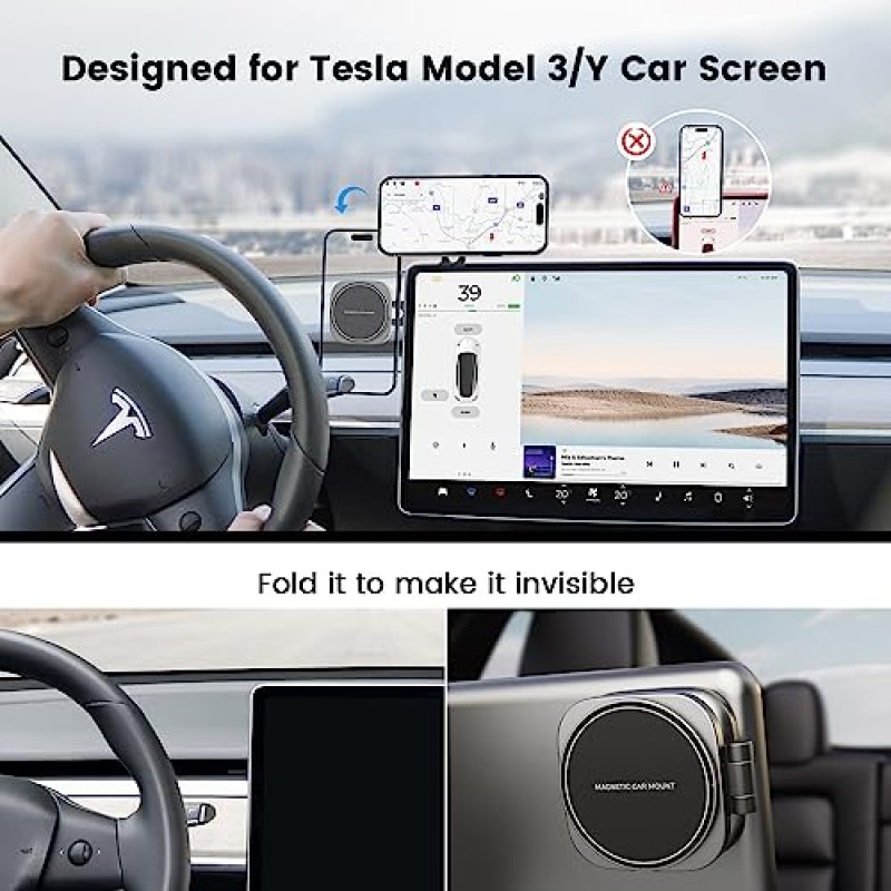 Tesla Model 3 Model Y용 Marnana 폰 마운트, Tesla 스크린 모니터용 MagSafe 차량용 마운트 폰 홀더용으로 설계된 강력한 자석, iPhone 12/13/14 시리즈용 보이지 않는 접이식 Tesla 액세서리…