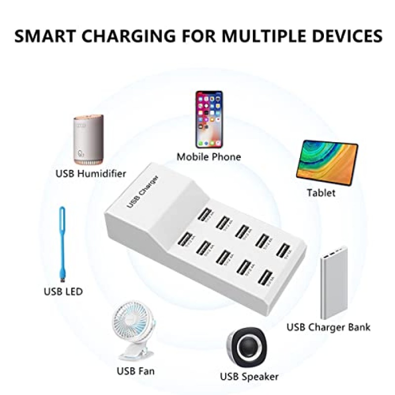 USB 충전 스테이션 휴대용 충전기 USB 벽면 충전기 다중 장치용 스마트 충전 전원 허브 10포트 데스크탑 충전기 50W 충전 스테이션 iPhone iPad용 안전 블록 컴팩트 iPad 휴대폰 태블릿