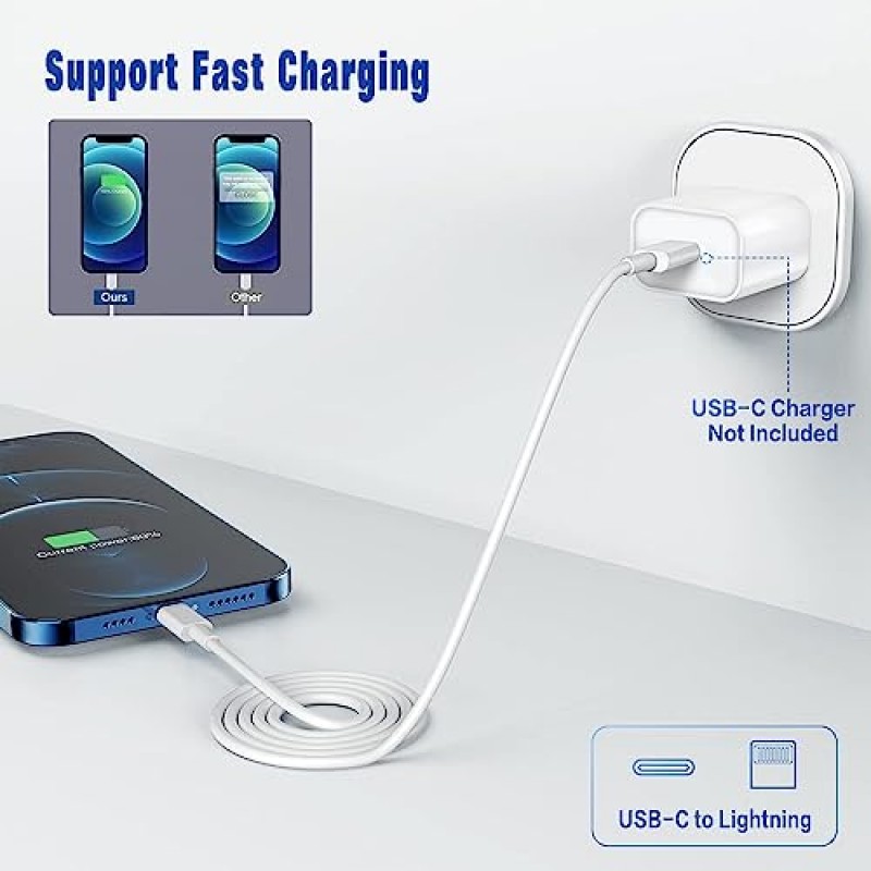 iPhone 충전기 [Apple MFi 인증] 2팩 20W PD USB C 벽면 고속 Apple 충전 어댑터 2팩 6FT 유형 C-라이트닝 케이블 포함 iPhone 14 13 12 11 Pro Max XR XS X,iPad와 호환 가능