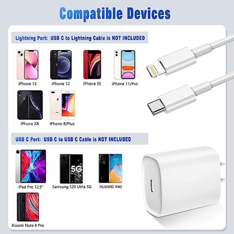 iPhone 충전기 [Apple MFi 인증] 2팩 20W PD USB C 벽면 고속 Apple 충전 어댑터 2팩 6FT 유형 C-라이트닝 케이블 포함 iPhone 14 13 12 11 Pro Max XR XS X,iPad와 호환 가능