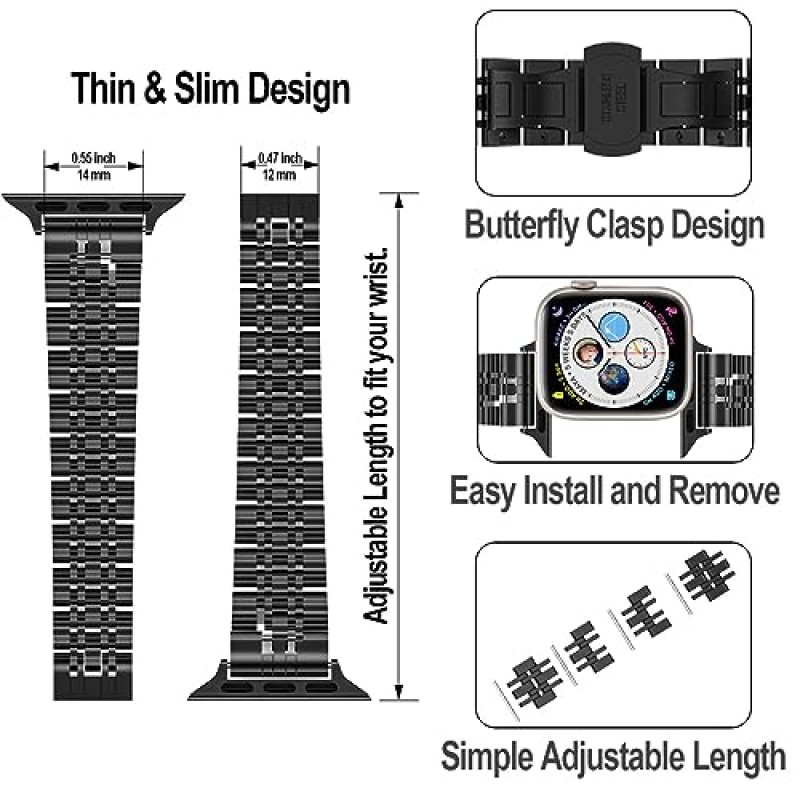 Apple Watch와 호환되는 슬림 메탈 밴드, 시리즈 8/7/6/5/4/3/2/1/SE2/SE 41mm 45mm 42mm 44mm 40mm 38mm용 스테인레스 스틸 밴드, 여성용 얇은 스테인레스 스틸 체인 스트랩