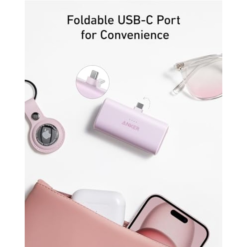 접이식 USB-C 커넥터가 내장된 Anker Nano 보조 배터리, 5,000mAh 휴대용 충전기 22.5W, iPhone 15/15 Plus/15 Pro/15 Pro Max, Samsung S22/23 시리즈, Huawei, iPad Pro/Air, AirPods용 그리고 더