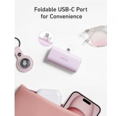 접이식 USB-C 커넥터가 내장된 Anker Nano 보조 배터리, 5,000mAh 휴대용 충전기 22.5W, iPhone 15/15 Plus/15 Pro/15 Pro Max, Samsung S22/23 시리즈, Huawei, iPad Pro/Air, AirPods용 그리고 더