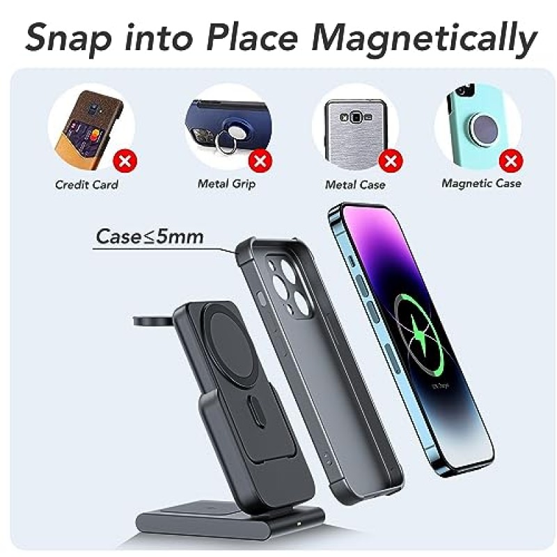 3 in 1 무선 충전 스테이션, 5000mAh 고속 접이식 휴대용 충전기 배터리 팩 MagSafe용 USB C 전원 은행, iPhone 15 14 13 12 시리즈/Apple Watch/Airpods(20W 충전기 어댑터 포함)