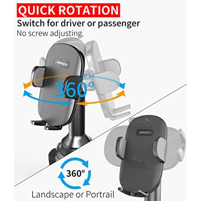 APPS2Car 견고한 컵 홀더 빠른 확장 기능이 있는 자동차 트럭용 휴대폰 마운트 긴 팔 빠른 회전 조절 가능한 높이 360 회전 가능, 로우 프로파일 범용 모바일 마운트 모든 휴대폰과 호환 iPhone