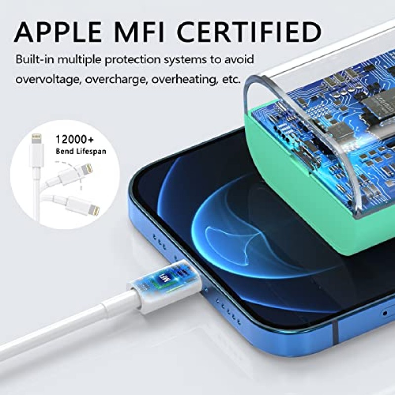 [MFi 인증] iPhone 14 13 고속 충전기용 3팩, 20W PD USB C 벽면 충전기 어댑터, 3팩 6FT 유형 C-라이트닝 케이블 포함 iPhone 14 13 12 11 Pro Max XR XS X,iPad 그린…