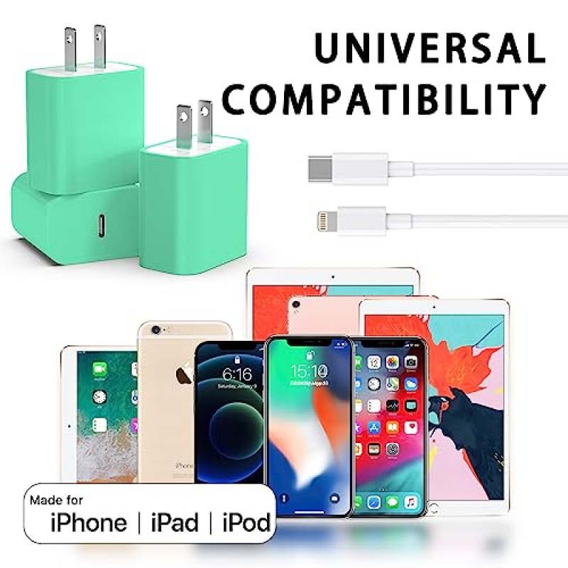 [MFi 인증] iPhone 14 13 고속 충전기용 3팩, 20W PD USB C 벽면 충전기 어댑터, 3팩 6FT 유형 C-라이트닝 케이블 포함 iPhone 14 13 12 11 Pro Max XR XS X,iPad 그린…