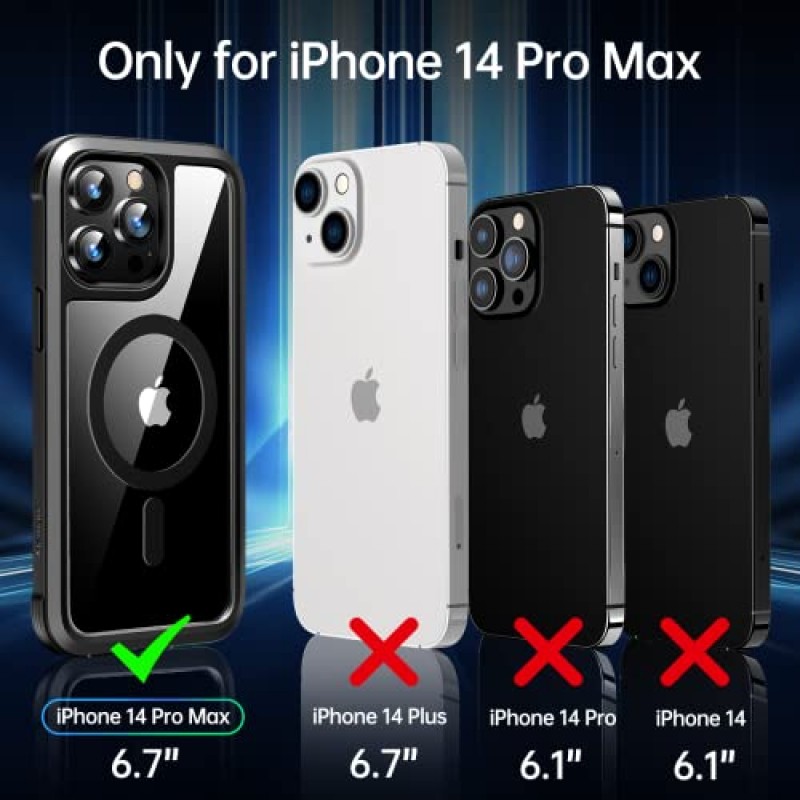 iPhone 14 Pro Max 케이스용 Meifigno Rainbow 시리즈 마그네틱, [MagSafe 및 3X 군용 등급 낙하 방지 기능과 호환] iPhone 14 Pro Max용 투명 후면 알루미늄 프레임 휴대폰 케이스, 블랙