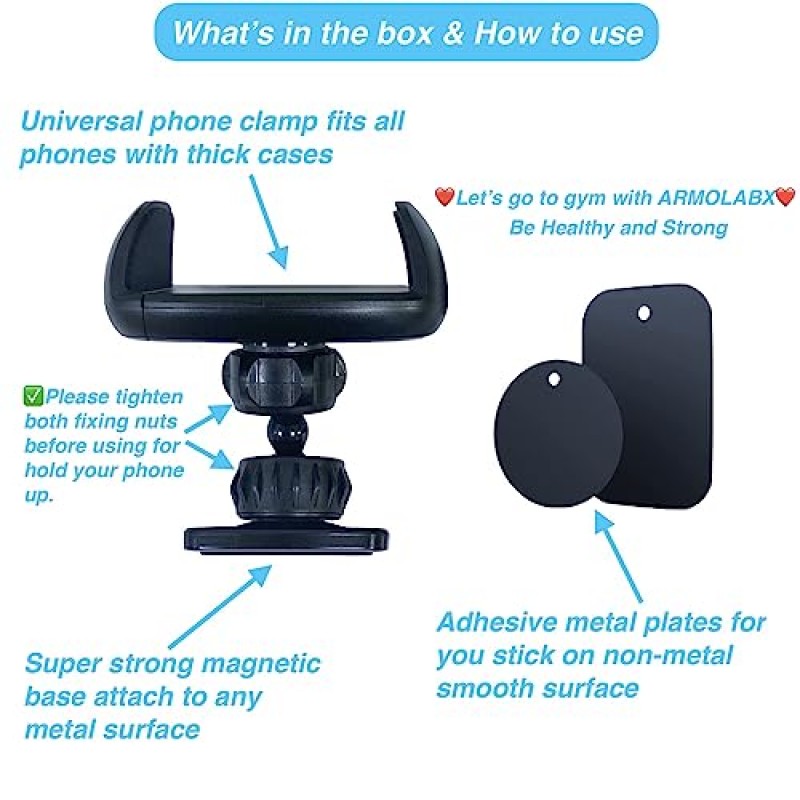 ARMOLABX 체육관 자석 휴대폰 홀더 마운트, 금속 표면에 부착되는 체육관용 자기 휴대폰 홀더, [큰 휴대폰 및 두꺼운 케이스 친화적] 모든 스마트폰과 호환되는 체육관 휴대폰 홀더