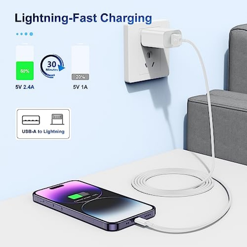 Apple MFi 인증 iPhone 충전기 케이블 3피트 5팩, Apple Lightning-USB 케이블 코드 3피트, 2.4A 고속 충전, iPhone 13/12/11/11Pro/11Max/ X/XS/XR/XS Max/8용 Apple 휴대폰 장거리 충전기 /7/6