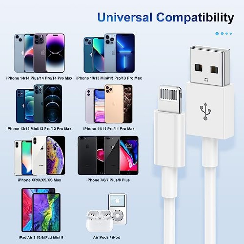 Apple MFi 인증 iPhone 충전기 케이블 3피트 5팩, Apple Lightning-USB 케이블 코드 3피트, 2.4A 고속 충전, iPhone 13/12/11/11Pro/11Max/ X/XS/XR/XS Max/8용 Apple 휴대폰 장거리 충전기 /7/6