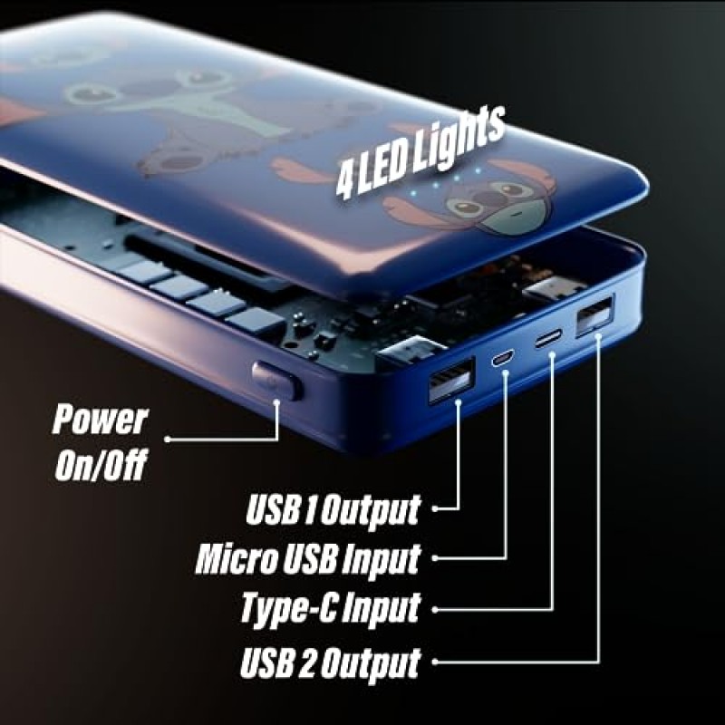 디즈니 릴로와 스티치 10,000Mah 보조 배터리 - 범용 호환 휴대용 휴대폰 충전기 배터리 팩(USB 충전 포트 포함) - 여성, 남성, 청소년 및 모든 스티치 팬을 위한 스티치 선물