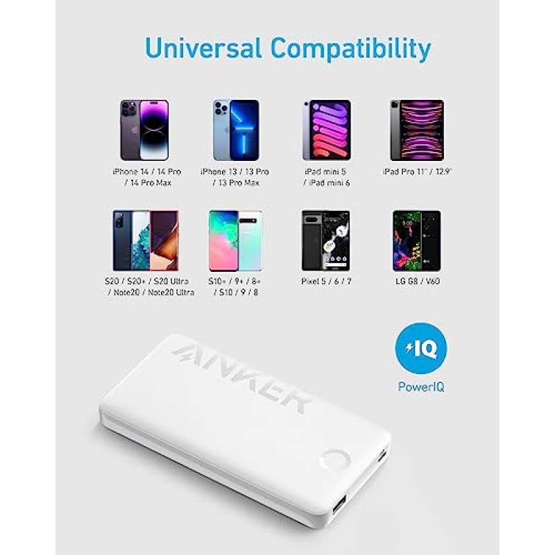 Anker 파워 뱅크, 10K 휴대용 충전기(PowerCore PIQ), iPhone 15/15 Plus/15 Pro/15 Pro Max/14/14 Pro/Samsung/Pixel/LG용 고용량 배터리 팩(케이블 및 충전기는 포함되어 있지 않음)(화이트 )