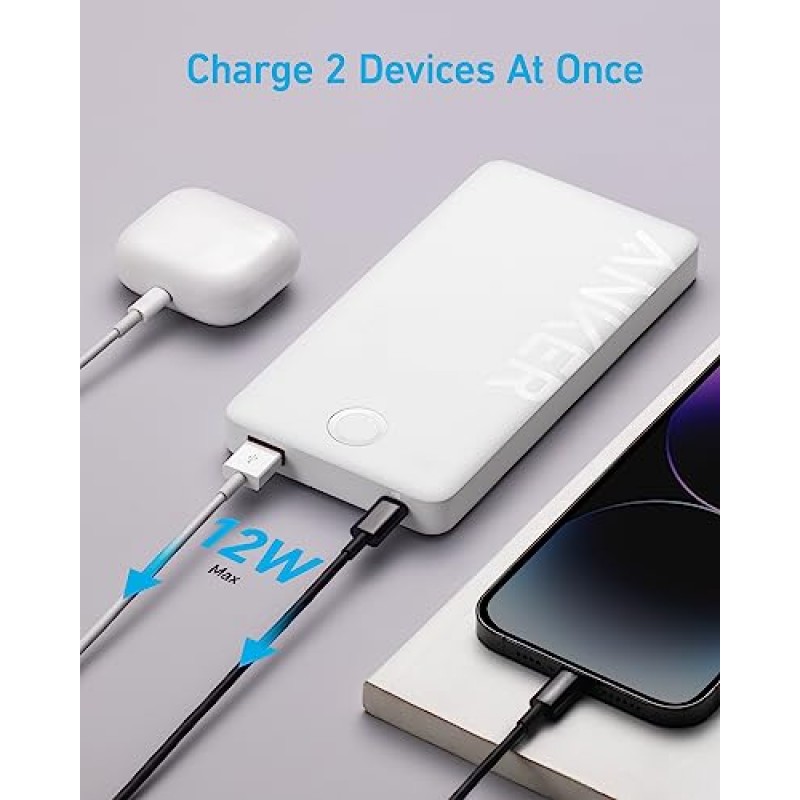 Anker 파워 뱅크, 10K 휴대용 충전기(PowerCore PIQ), iPhone 15/15 Plus/15 Pro/15 Pro Max/14/14 Pro/Samsung/Pixel/LG용 고용량 배터리 팩(케이블 및 충전기는 포함되어 있지 않음)(화이트 )