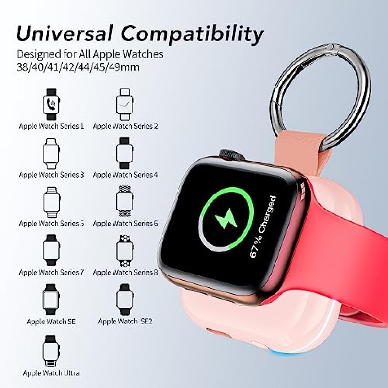 Apple Watch용 HUOTO 휴대용 충전기, 무선 자기 iWatch 충전기 1200mAh 보조베터리 여행용 키체인 액세서리 Apple Watch 시리즈 9/8/7/6/SE/5/4/3/2/1/UItra/UItra 2용 스마트 시계 충전기