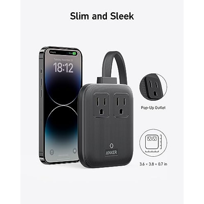 Anker Nano 충전 스테이션(최대 67W), iPhone 15/15 Plus/15 Pro Max용 6-in-1 USB C 전원 스트립, 플랫 플러그 및 5피트 얇고 분리 불가능한 연장 코드, AC 2개 및 USB 포트 4개, 가정용, 사무실용( 검은 돌