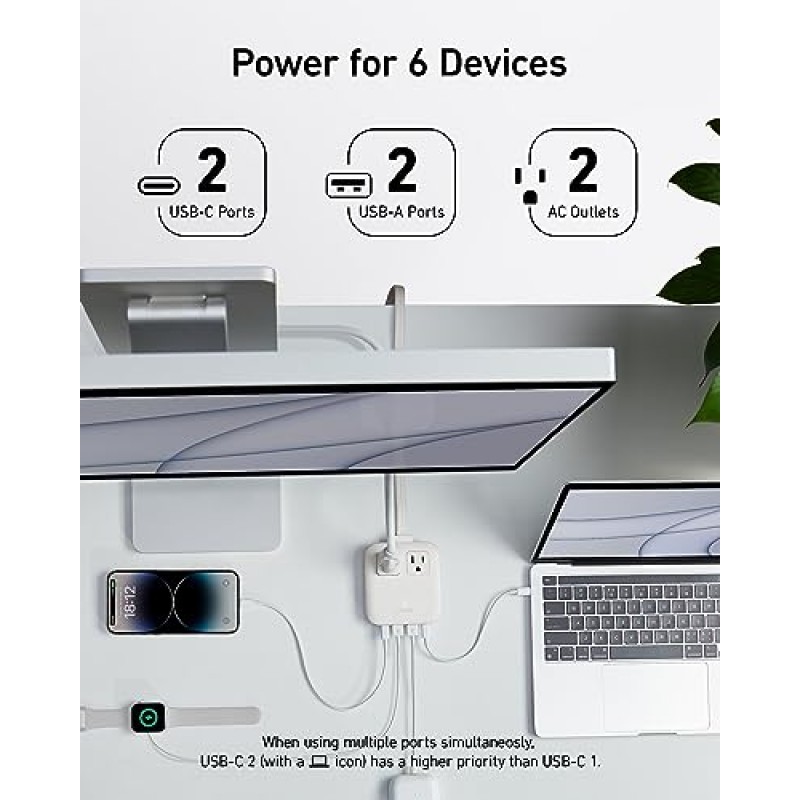 Anker Nano 충전 스테이션(최대 67W), iPhone 15/15 Plus/15 Pro Max용 6-in-1 USB C 전원 스트립, 플랫 플러그 및 5피트 얇고 분리 불가능한 연장 코드, AC 2개 및 USB 포트 4개, 가정용, 사무실용( 검은 돌