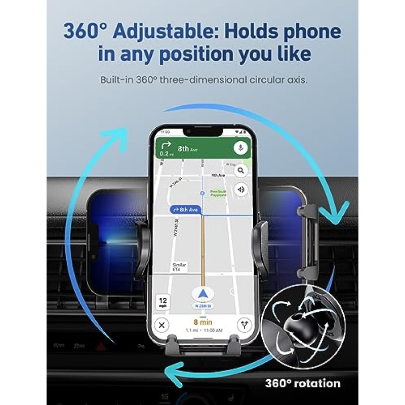 에어 벤트용 HTU Pro 차량용 휴대폰 홀더, 【즉각적이고 지속적인 안정성】 매끄러운 손떨림 방지 휴대폰 마운트 안전 운전, iPhone Samsung용 360° 조절식 휴대폰 스탠드, 범용 자동차 거치대
