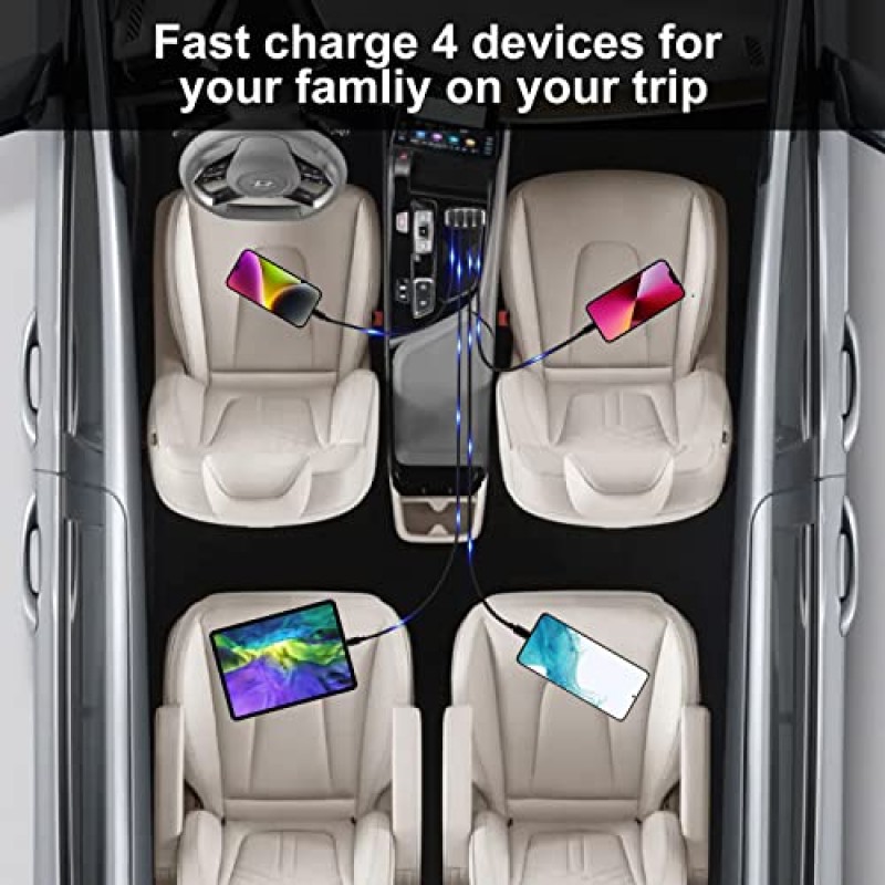 차량용 충전기, USB 차량용 충전기 어댑터 4개, QC3.0 차량용 휴대폰 충전기 고속 충전 모든 스마트폰 태블릿 및 기타 전자 장치와 호환됩니다.