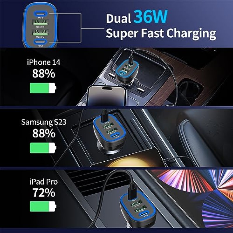 USB C 차량용 충전기, Meagoes 72W 4 포트 iPhone 15 Pro/Max/14/13/12/11/iPad Air, Samsung Galaxy S23 Plus/Ultra/S22/S21 Type C 시가 라이터 USB 충전기와 호환되는 초고속 자동차 충전기