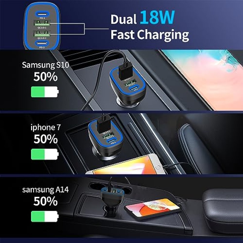 USB C 차량용 충전기, Meagoes 72W 4 포트 iPhone 15 Pro/Max/14/13/12/11/iPad Air, Samsung Galaxy S23 Plus/Ultra/S22/S21 Type C 시가 라이터 USB 충전기와 호환되는 초고속 자동차 충전기