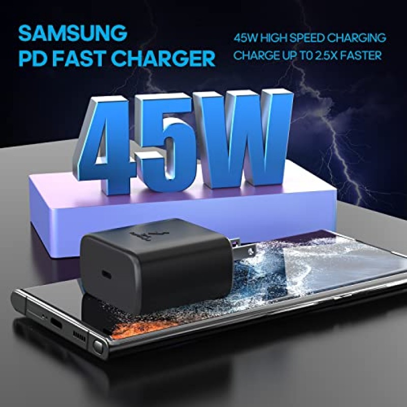 Samsung USB C 45W PD 초고속 충전기 유형 C 벽면 어댑터 Samsung Galaxy S23/S23 Ultra/S23+/S22 Ultra/S22+/S22/Note 10/S21/S21 Ultra/ S21+/Z Fold/, Galaxy Tablet-2용 고속 충전 블록 팩