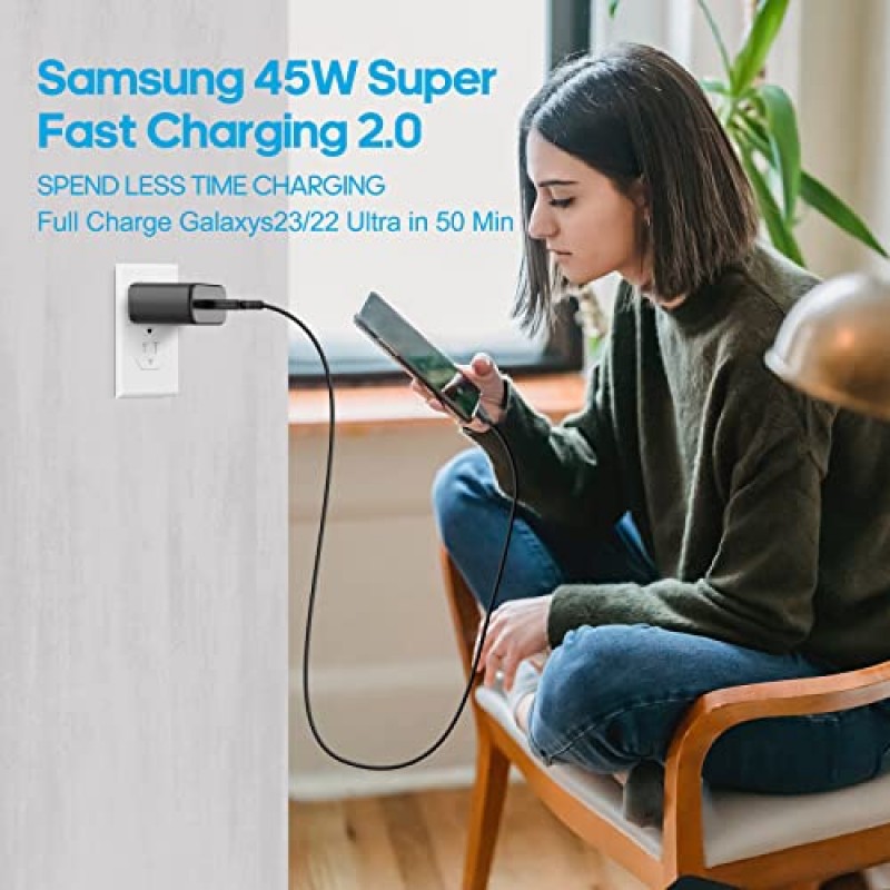 Samsung USB C 45W PD 초고속 충전기 유형 C 벽면 어댑터 Samsung Galaxy S23/S23 Ultra/S23+/S22 Ultra/S22+/S22/Note 10/S21/S21 Ultra/ S21+/Z Fold/, Galaxy Tablet-2용 고속 충전 블록 팩