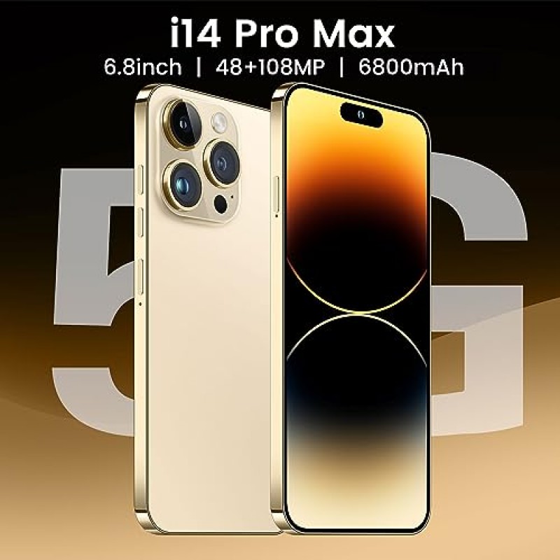 Huness I14 Pro MAX 스마트폰 언락 휴대폰, 배터리 6800mAh 6.82인치 HD 화면 언락 휴대폰, 6+256GB Android 13, 128GB 메모리 카드, 듀얼 SIM/지문 잠금/얼굴 ID/GPS(골드)