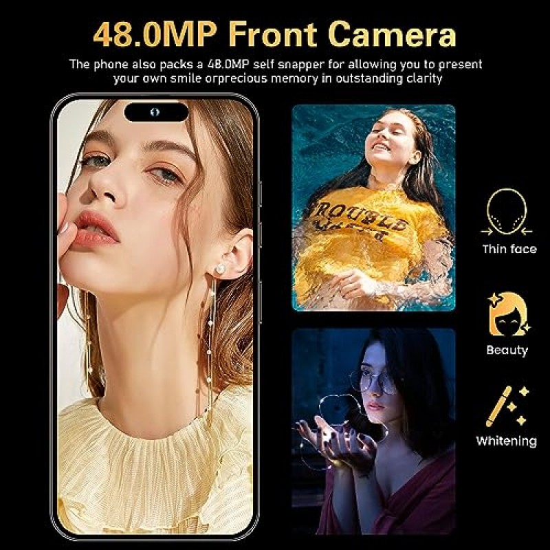 Huness I14 Pro MAX 스마트폰 언락 휴대폰, 배터리 6800mAh 6.82인치 HD 화면 언락 휴대폰, 6+256GB Android 13, 128GB 메모리 카드, 듀얼 SIM/지문 잠금/얼굴 ID/GPS(골드)