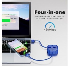멀티 충전 케이블 4.5A [4Ft/2Pack] 멀티 고속 충전 코드 접이식 USB 케이블 3 in 1 멀티 충전기 케이블(휴대폰,삼성 갤럭시, 아이폰, PS, 태블릿용 라이트닝/타입 C/마이크로 USB 포트 포함)