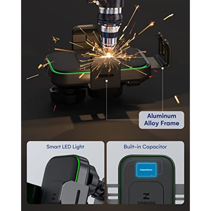 무선 차량용 충전기, ZEEHOO DUOXX 듀얼 코일 15W 고속 충전 자동 클램핑 차량용 마운트, 대시보드, 통풍구 충전 전화 홀더 iPhone 15 14 13 12, S23 Ultra, Z Flip4 3 등을 위한 스마트 센서 크래들
