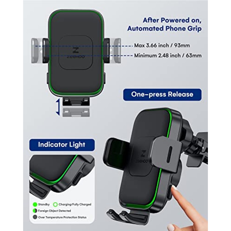 무선 차량용 충전기, ZEEHOO DUOXX 듀얼 코일 15W 고속 충전 자동 클램핑 차량용 마운트, 대시보드, 통풍구 충전 전화 홀더 iPhone 15 14 13 12, S23 Ultra, Z Flip4 3 등을 위한 스마트 센서 크래들