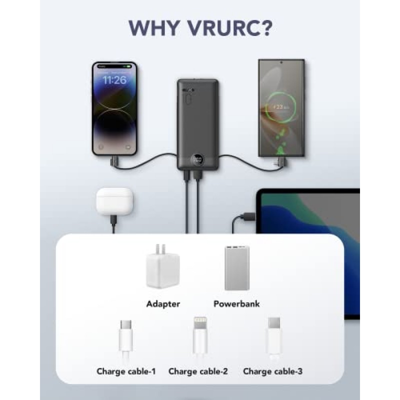 VRURC 휴대용 충전기 내장 케이블 및 AC 벽면 플러그, USB C 전원 은행 10000mAh, [2023 업그레이드 버전] 휴대폰 충전기 스마트폰, 태블릿 등을 위한 소형 경량 외장 배터리 팩-블랙