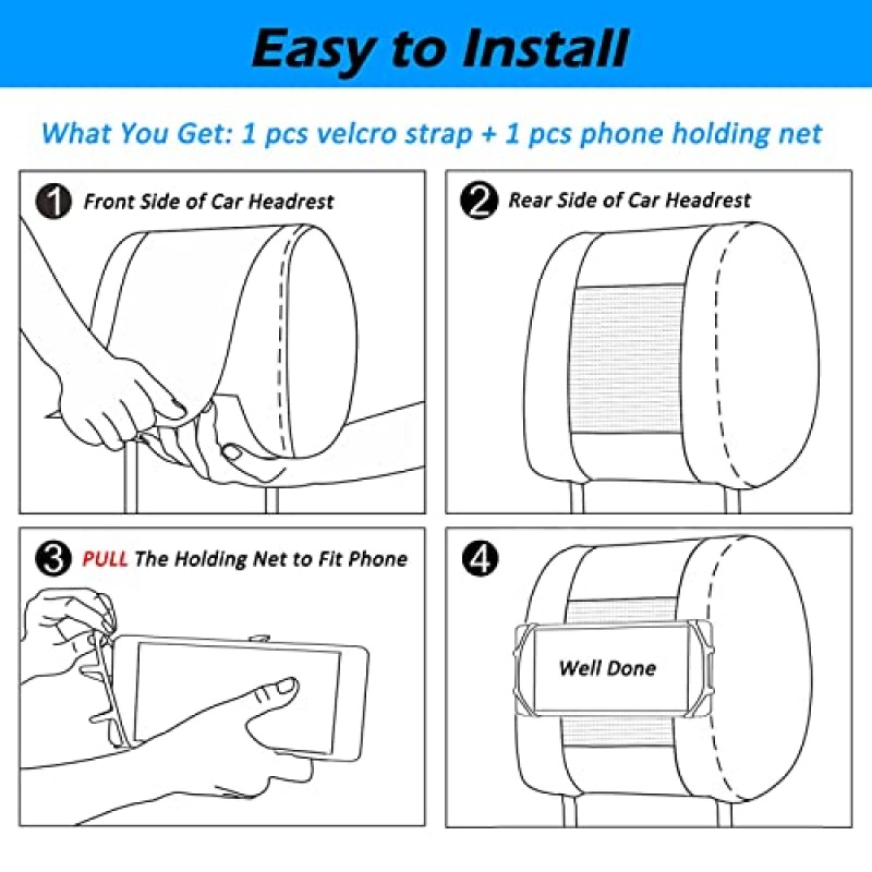 WELLMETE 어린이용 뒷좌석용 자동차 머리 받침 휴대폰 홀더 - iPhone, Samsung 및 기타 휴대폰과 호환 가능 - 부드럽고 조절 가능한 실리콘 홀딩 넷(휴대폰 1팩용)